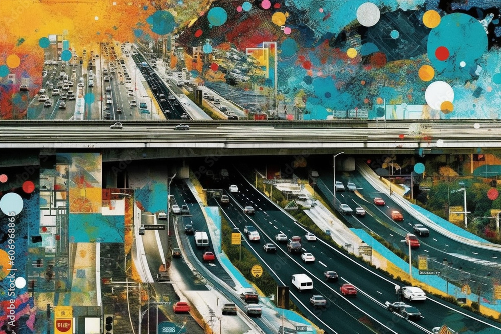 Poster An abstract collage artwork combining images of roads, signs, and urban elements, creating a visually dynamic and thought-provoking composition.  Generative AI technology.