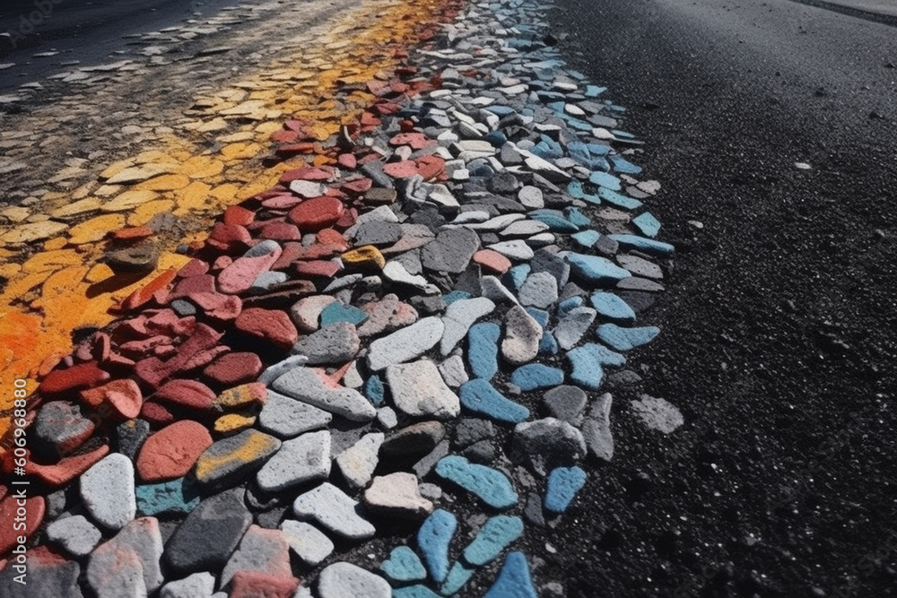 Poster An abstract mixed media artwork using materials like asphalt, gravel, and paint to recreate the texture and atmosphere of a road.  Generative AI technology.