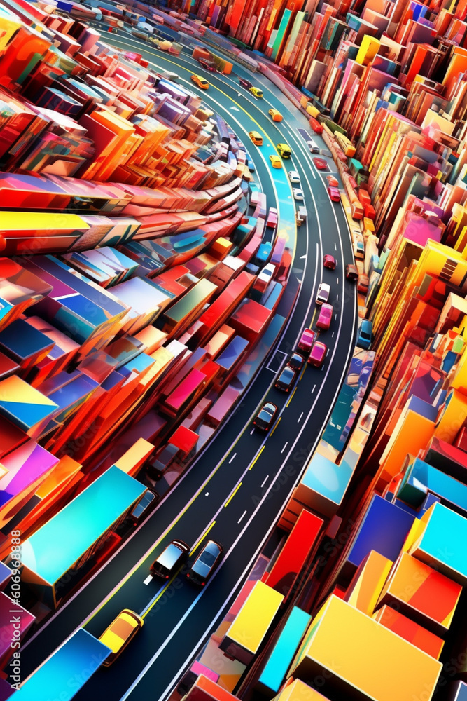 Poster An abstract digital artwork using geometric shapes and patterns to represent a road, exploring the intersection between art and technology.  Generative AI technology.
