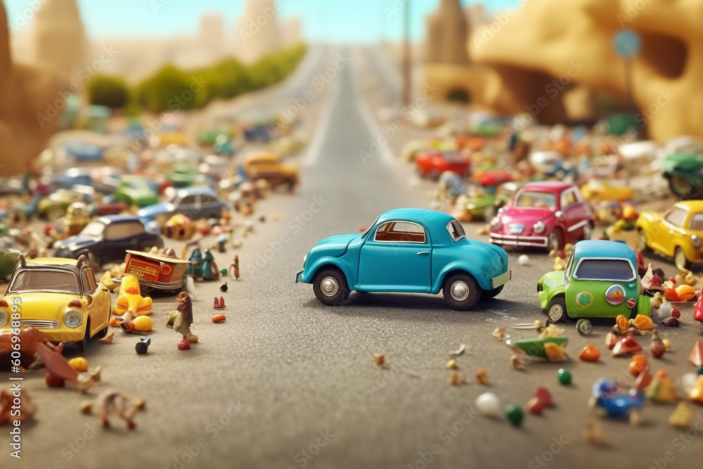 Aufkleber a conceptual artwork using miniature toy cars and props to recreate a scene on a road, offering a wh