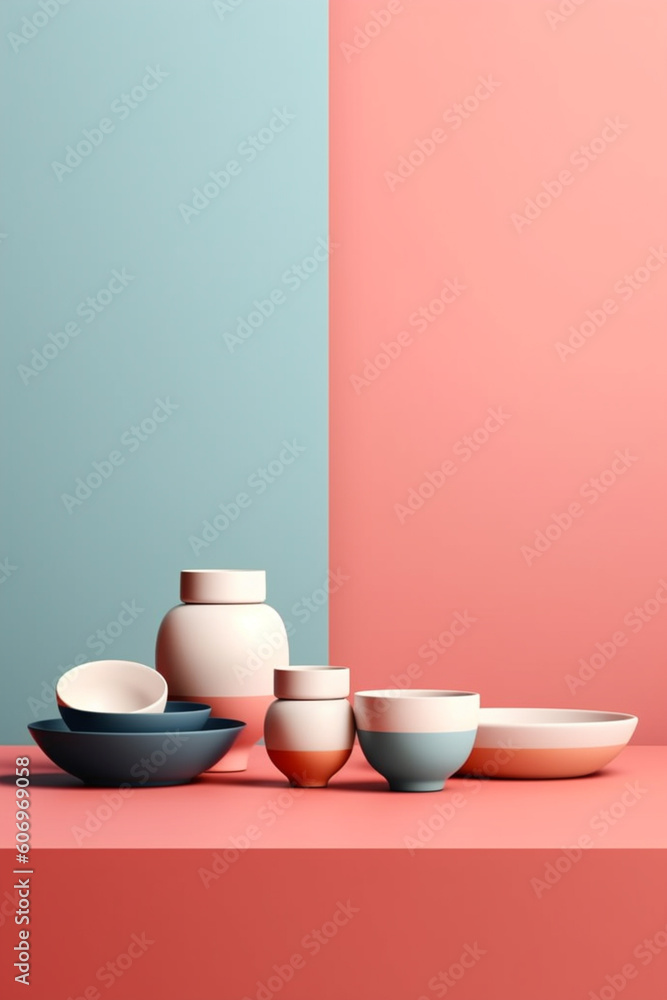 Poster a minimalistic ceramic or porcelain tableware set with clean and uncluttered forms, generative ai te