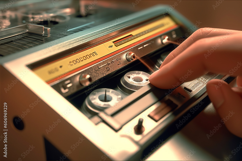 Poster a close-up image of a hand inserting an audio cassette tape into a player, emphasizing the physical 