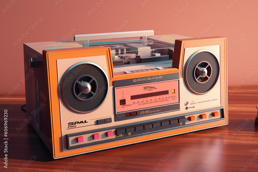 Leinwandbilder a photograph of a vintage cassette player with an open tape deck, ready to play music, evoking a sen