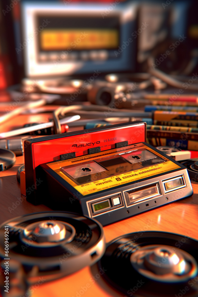 Aufkleber an image of a cassette tape lying on a table alongside other nostalgic objects, such as vinyl record