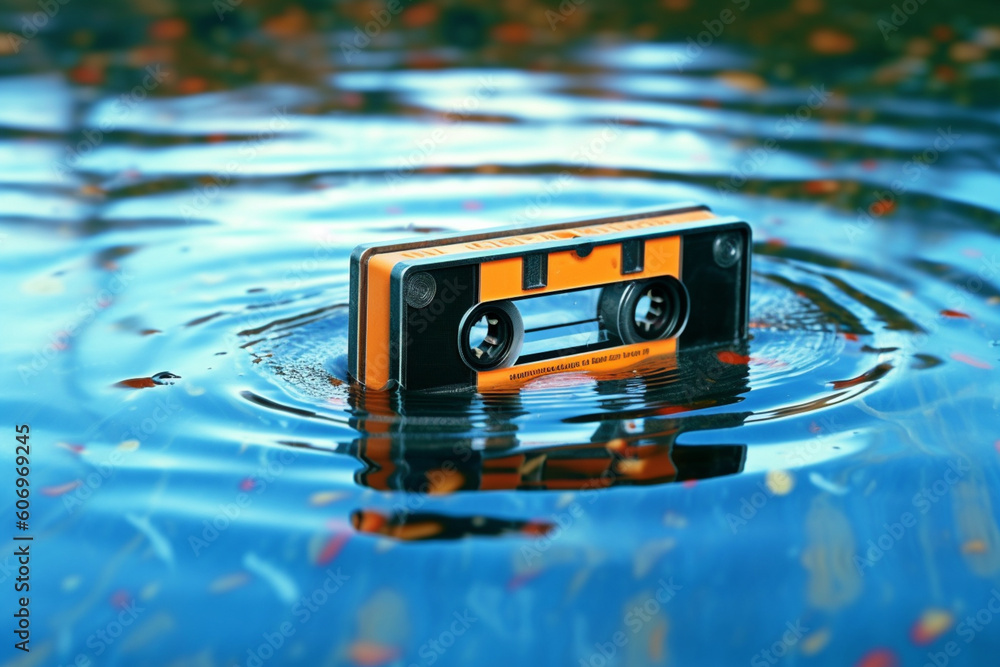 Poster An image of a cassette tape floating in a pool of water, symbolizing the immersion and emotional connection that music can provide.  Generative AI technology.