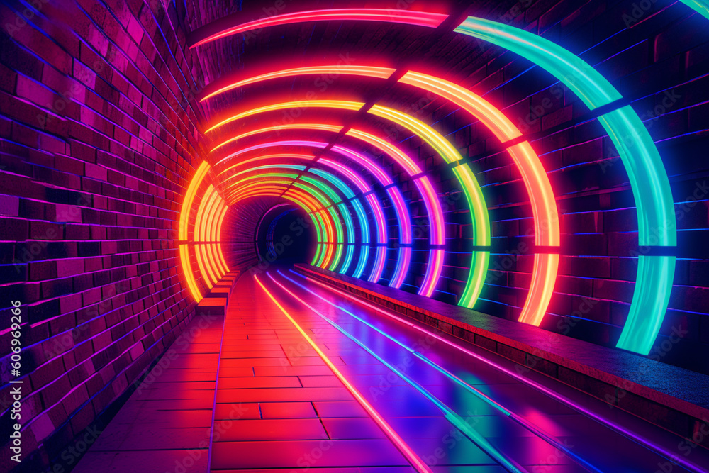 Fototapete An immersive photograph of a tunnel illuminated with vibrant and dynamic colors, creating a mesmerizing light show.  Generative AI technology.