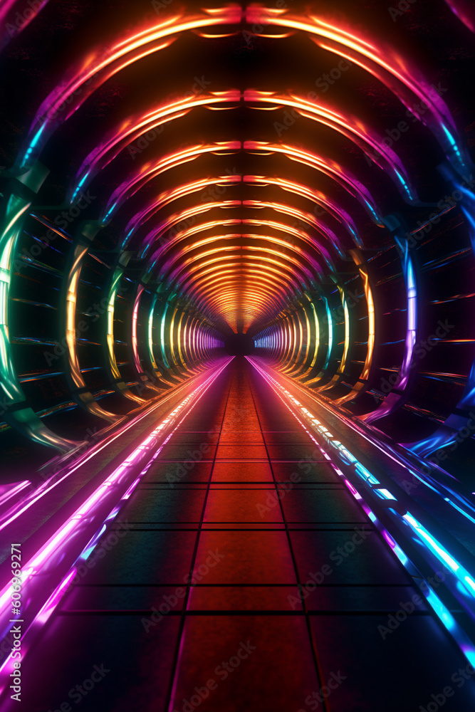 Poster A digital art composition of a tunnel with pulsating rainbow-colored lights, evoking a futuristic and otherworldly atmosphere.  Generative AI technology.