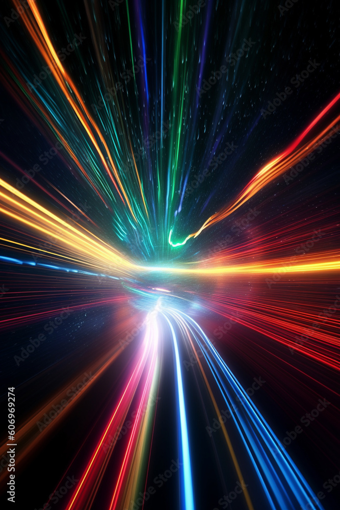 Aufkleber A long exposure image of a tunnel with streaks of colorful lights, giving a sense of motion and energy.  Generative AI technology.