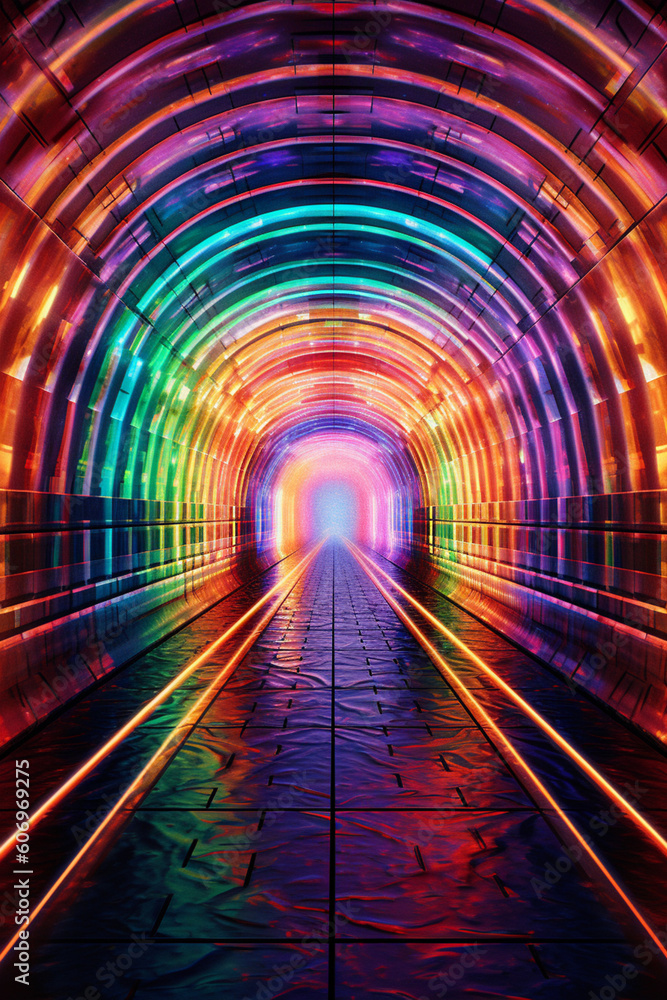 Fototapete An abstract painting depicting a tunnel illuminated with a rainbow of hues, representing a journey of transformation and exploration.  Generative AI technology.