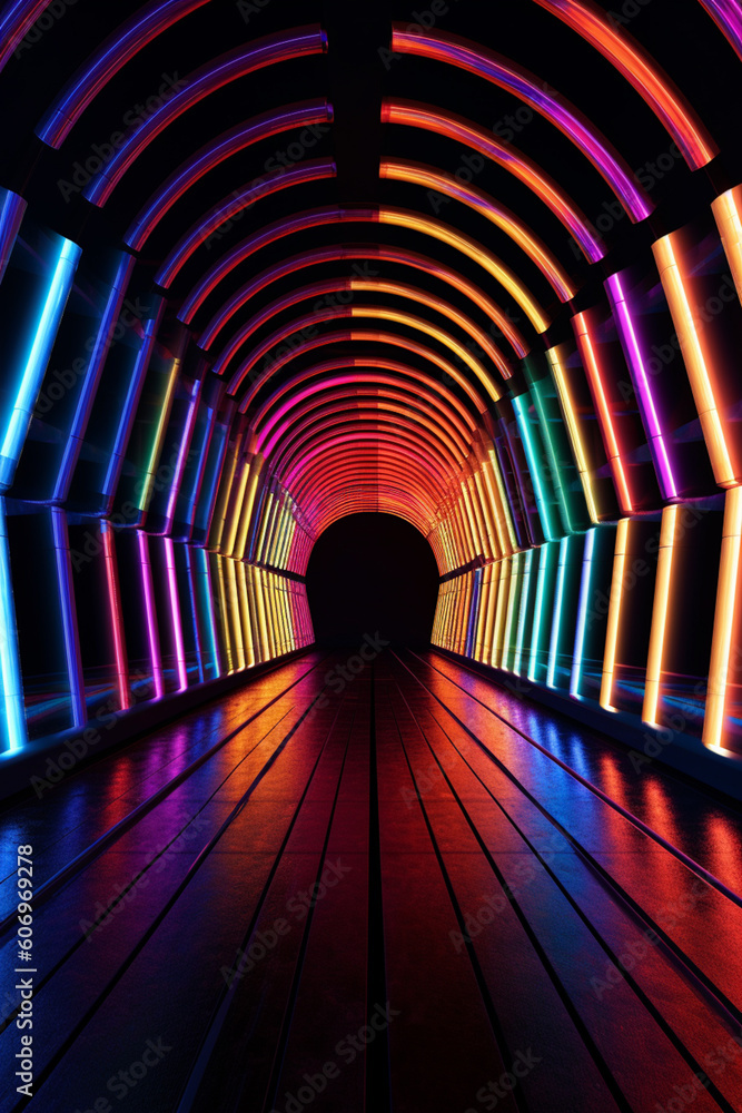 Poster a night-time image of a tunnel with color-changing led strips lining the walls, casting a beautiful 
