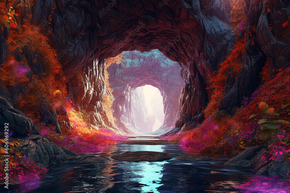 Poster A digital manipulation of a tunnel with cascading waterfalls of vibrant colors, creating a surreal and dreamlike scene.  Generative AI technology.