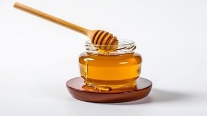 Top view of a honey jar with a wooden honey dipper on a white backdrop with copy space. delicious bottle of honey. GENERATE AI