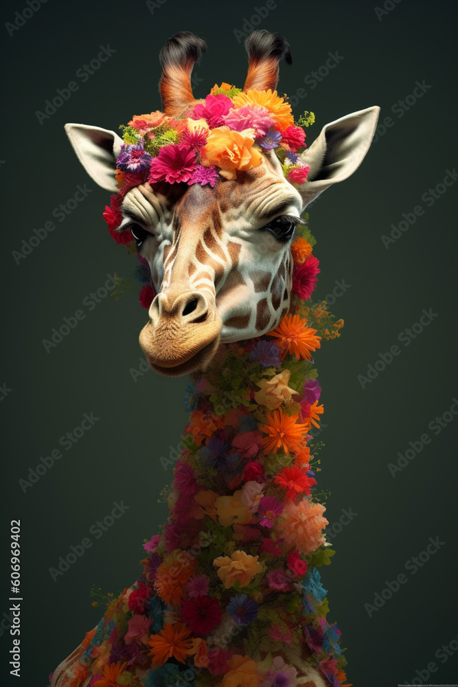 Poster a conceptual image of a giraffe made from unconventional materials, such as flowers or feathers, cha