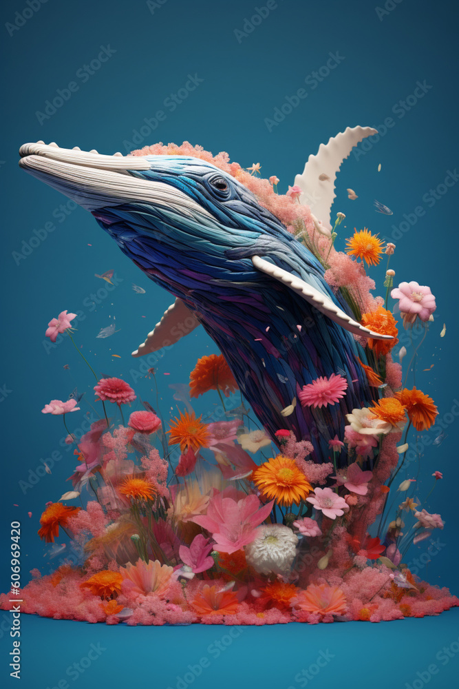 Poster a conceptual image of a whale made from unconventional materials, such as flowers or feathers, chall