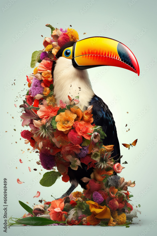 Poster A conceptual image of a Toucan made from unconventional materials, such as flowers or feathers, challenging the perception of Toucan as solely utilitarian objects.  Generative AI technology.