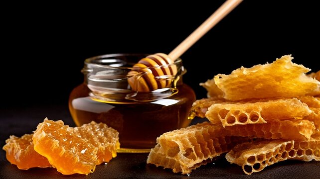 Top view of a jar of honey with honeycombs on a black backdrop. GENERATE AI