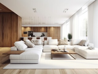 Fototapeta na wymiar Minimal white modern living room with modern comfortable furniture. Generative AI