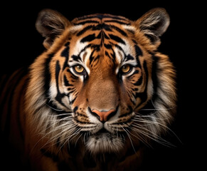 Fototapeta na wymiar Tiger face on black background, Generative AI