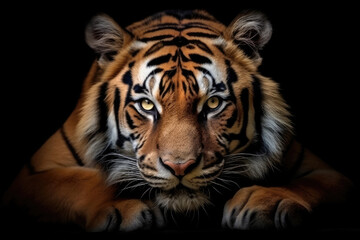 Tiger face on black background, Generative AI