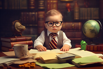 Baby financial expert working at desk