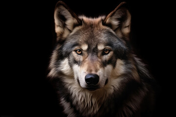 Naklejka na ściany i meble Portrait of adult wolf on black background, Generative AI