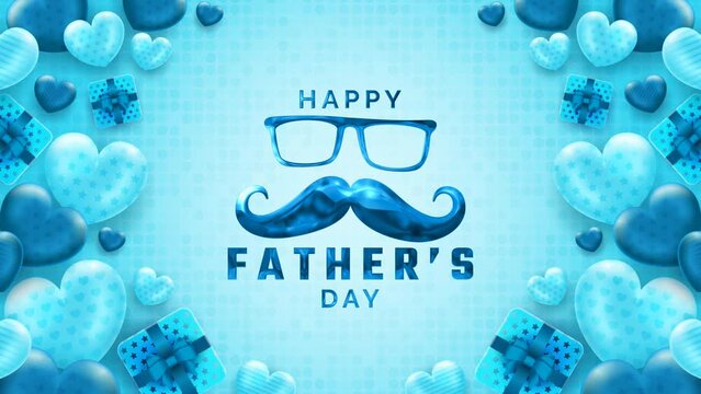 Happy Father's Day 2023 Animated Text in Blue Color. Great for Father's Day Celebrations, with love ornament in blue background, for banner, social media feed wallpaper stories