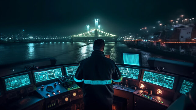 real image harbor master in command on the terminal port for safety and control security during the operation of ship in port . Generative AI.