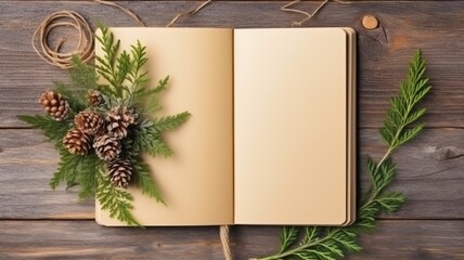 View from the top of a notebook with a fir tree frame on a hardwood background. the idea of the new year.  GENERATE AI