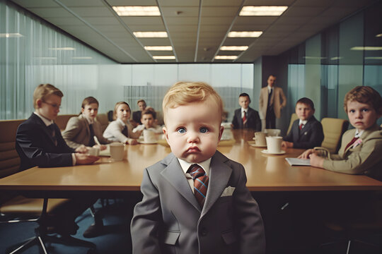 Baby wearing business suit office meeting room shot