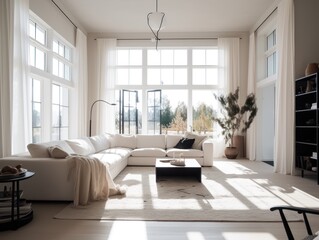 Fototapeta na wymiar Minimal white modern living room with modern comfortable furniture. Generative AI