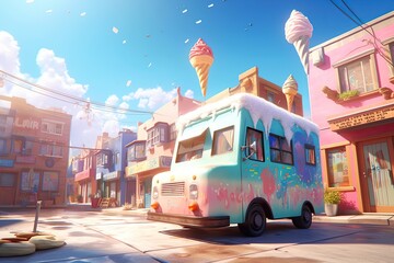 Ice-cream truck. Ai art. Cartoon illustration