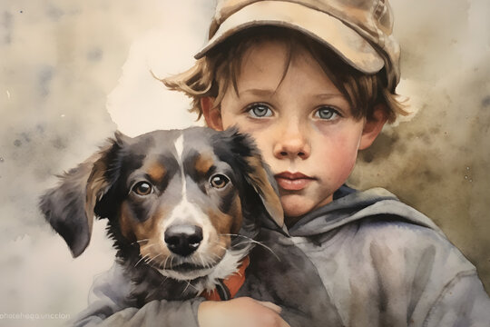 watercolour portrait of young boy with puppy