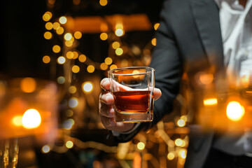 Closeup businessmen holding a glass of whiskey