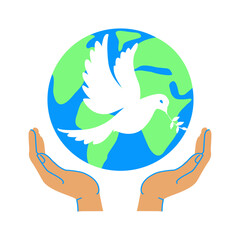 Dove of peace - a symbol of peace on earth.  Hands holding globe, earth. Vector icon