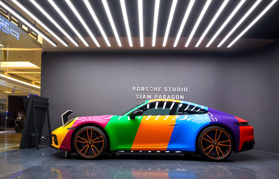Bangkok, Thailand - May 26,2023 : Colorful Porsche 911 limited edition sports car from Porsche Exclusive Manufaktur showing in Porsche studio room at Siam Paragon