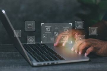 Contact Us Jobs or Connected Customer Support Hotline Businessman using laptop and tapping contact...