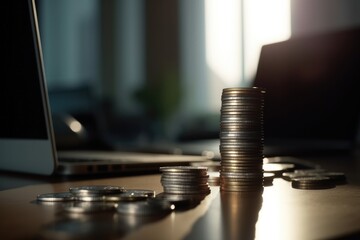 On the table in the office is a stack of coins and a computer created with Generative AI technology