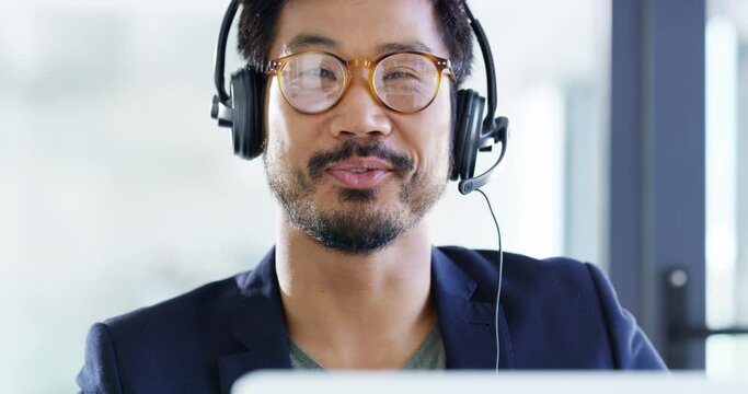 Business man, headset and laughing for communication, sales consulting and customer service in office. Face of happy asian telemarketing consultant speaking on microphone, video call and crm contact