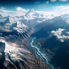 a view of the mountains in flight and a river flowing in the middle of the mountains created with Generative Ai technology