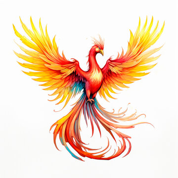 drawn phoenix in full growth in flight on a white background created with Generative Ai technology
