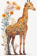watercolor paint portrait on a white background of a giraffe created with Generative Ai technology