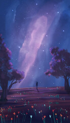 Girl silhouette standing in landscape with colorful flowers, trees and cloudy nebula sky, space. Idylic stylize digital hand painted illustration background