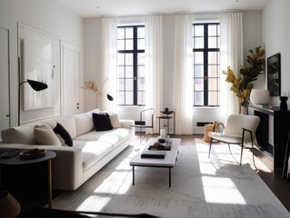 Naklejka na ściany i meble Minimal white modern living room with modern comfortable furniture. Generative AI