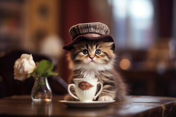 Cute kitten in a hat sits with a cup of coffee on a bar counter in a restaurant. Generative AI