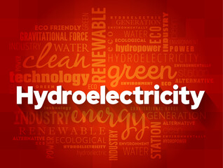 Hydroelectricity is electricity generated from hydropower, word cloud concept background