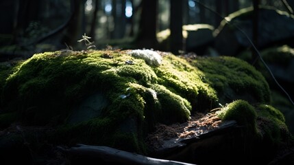 Moss on rock in a forest, dark and moody, sun ray lighting