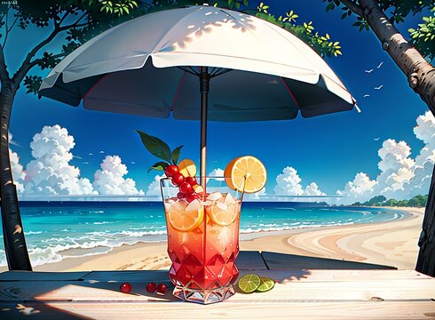 Un delicioso ponche de frutas enfrente de una hermosa playa hecho con AI Generativa.