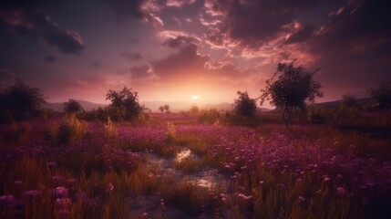 Obraz premium Pink flower filed with beautiful pink sky. Generative AI