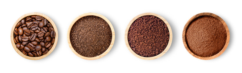 Roasted coffee beans and coffee powder (ground coffe) in wooden bowl isolated on white background. Top view. Flat lay.