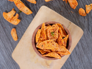 top view of basreng or spicy chips made from fried baso. A typical Sundanese, Indonesian spicy...